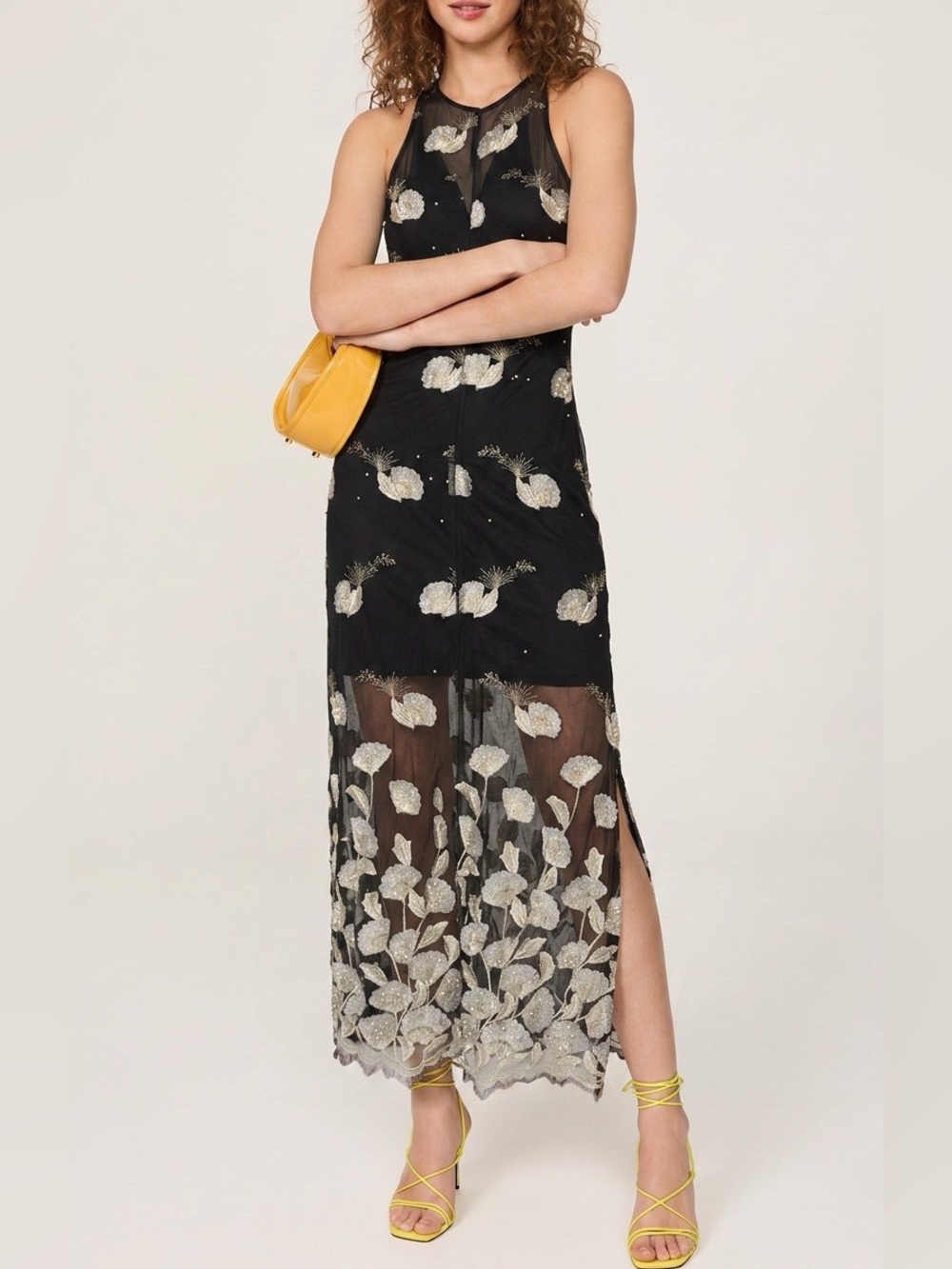 METISU Black Floral Embroidered Mesh Maxi Dress S